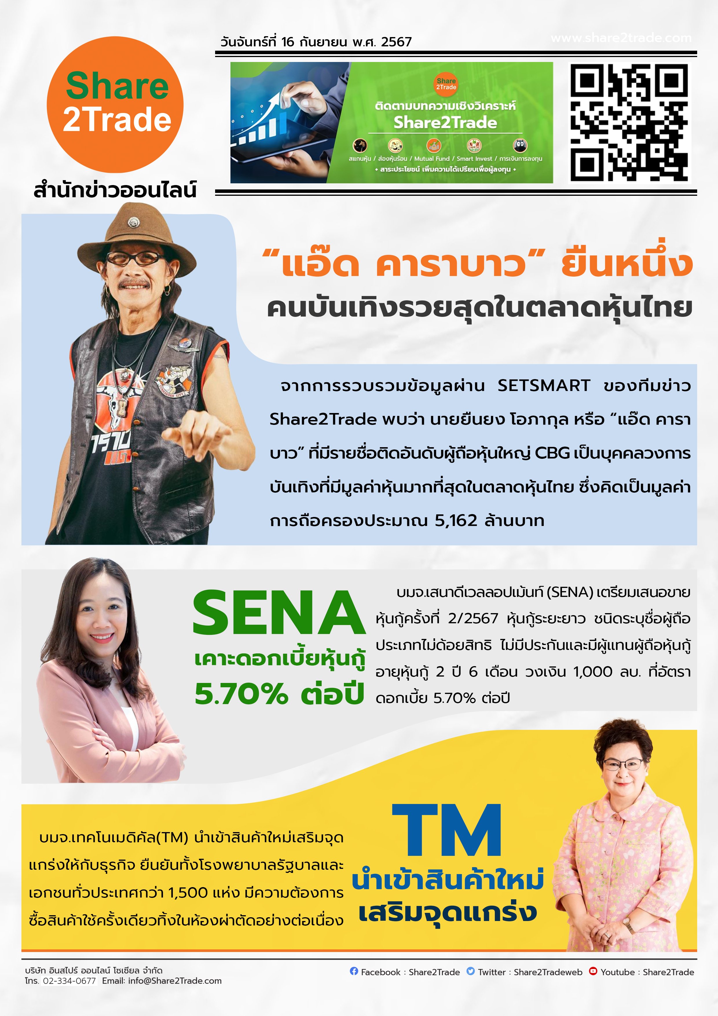 หนังสือพิมพ์อิเล็กทรอนิกส์ Share2Trade 16 ก.ย. 2567 (CBG, SENA, TM)