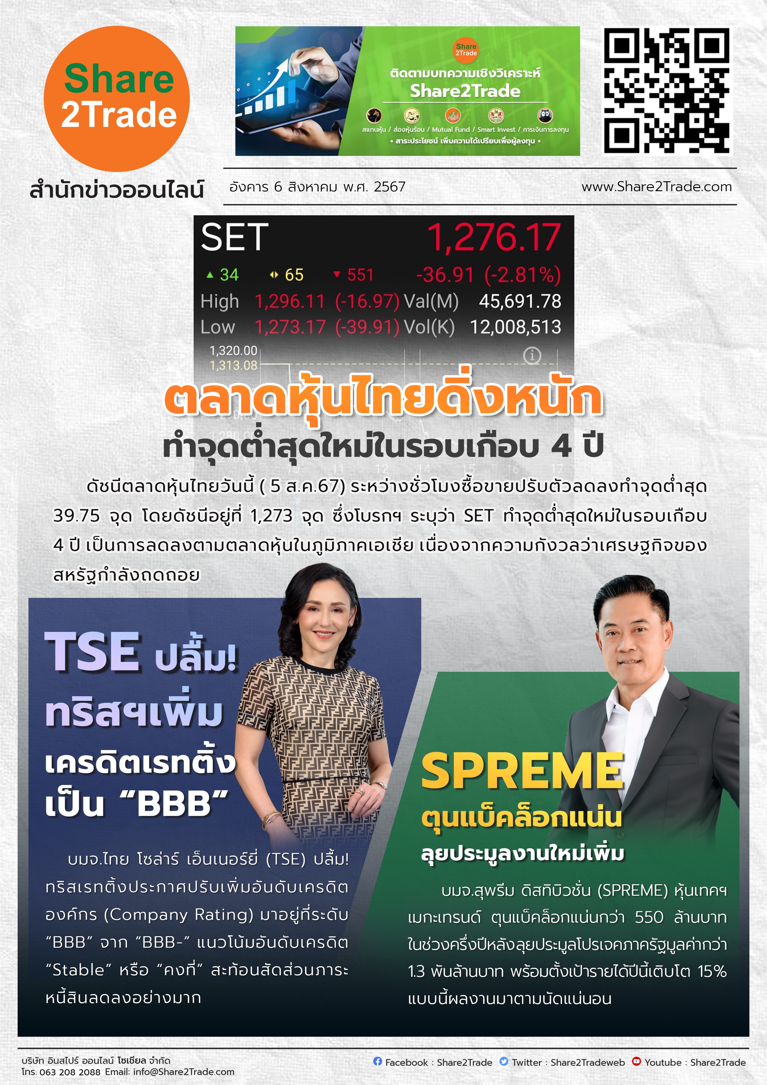 หนังสือพิมพ์อิเล็กทรอนิกส์ Share2Trade 6 ส.ค. 2567 (TSE, SPREME)