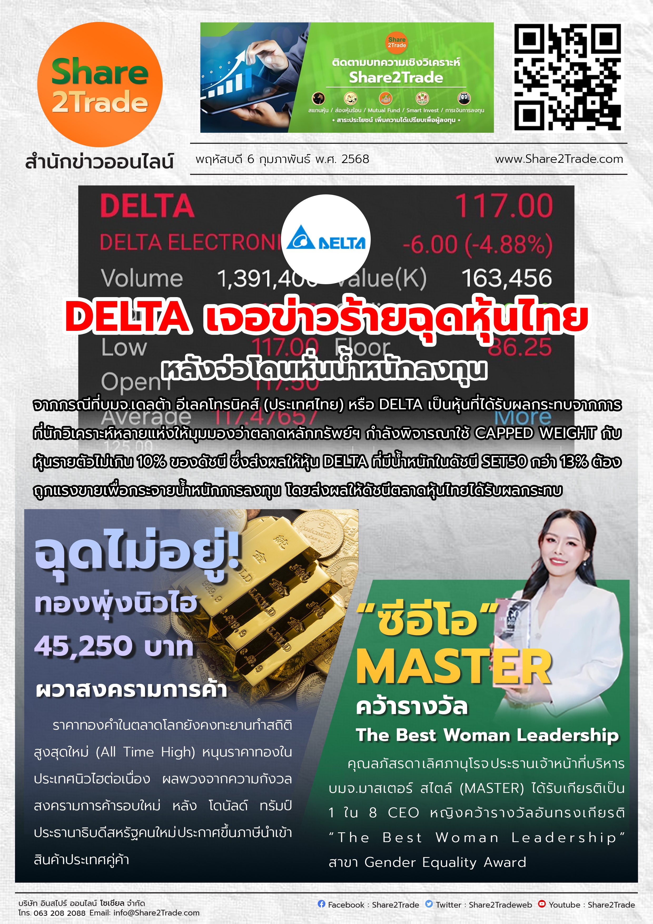 หนังสือพิมพ์อิเล็กทรอนิกส์ Share2Trade 6 ก.พ. 2568 (DELTA, ราคาทอง , MASTER)