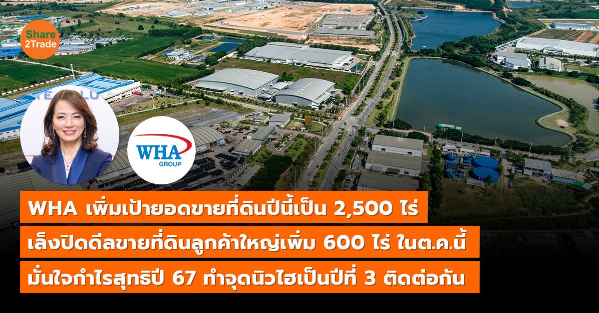 WHA เพิ่มเป้ายอดขายที่ดินปีนี้เป็น 2,500 ไร่ เล็งปิดดีลขายที่ดินลูกค้าใหญ่เพิ่ม 600 ไร่ ในต.ค.นี้ มั่นใจกำไรสุทธิปี 67 ทำจุดนิวไฮเป็นปีที่ 3 ติดต่อกัน