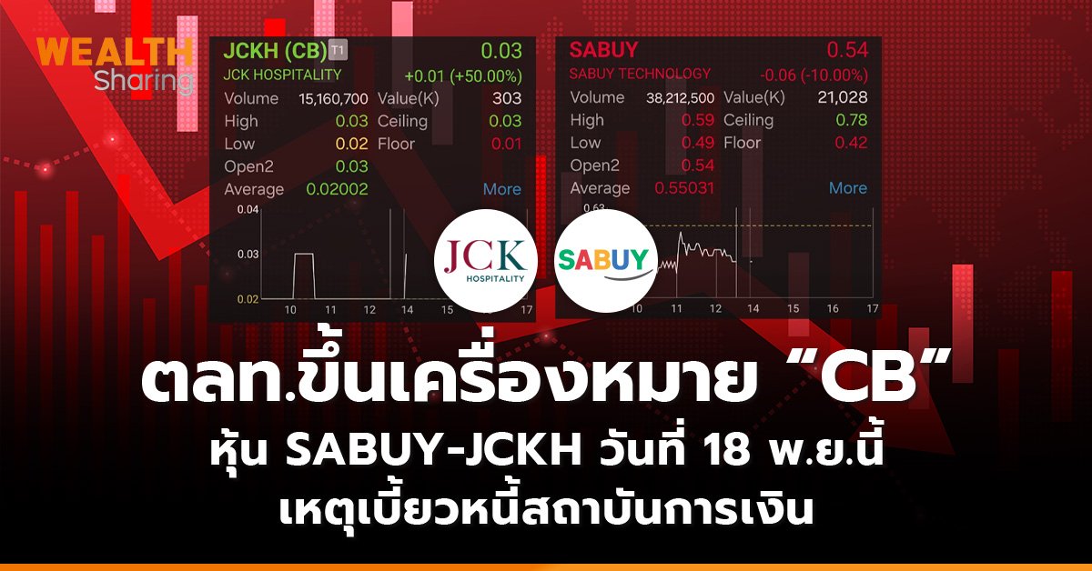 ตลท.ขึ้นเครื่องหมาย “CB” หุ้น SABUY-JCKH วันที่ 18 พ.ย.นี้  เหตุเบี้ยวหนี้สถาบันการเงิน