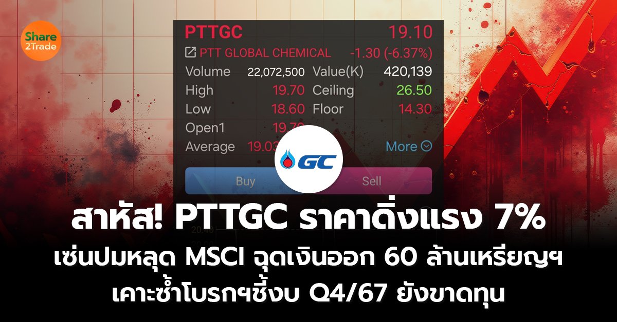 สาหัส! PTTGC ราคาดิ่งแรง 7% เซ่นปมหลุด MSCI ฉุดเงินออก 60 ล้านเหรียญฯ เคาะซ้ำโบรกฯชี้งบ Q4/67 ยังขาดทุน