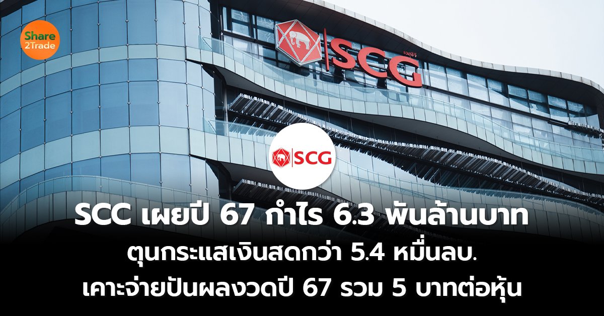 SCC เผยปี 67 กำไร 6.3 พันล้านบาท ตุนกระแสเงินสดกว่า 5.4 หมื่นลบ. เคาะจ่ายปันผลงวดปี 67 รวม 5 บาทต่อหุ้น