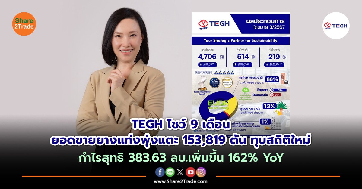 TEGH โชว์ 9 เดือนยอดขายยางแท่งพุ่งแตะ 153,819 ตัน ทุบสถิติใหม่ กำไรสุทธิ 383.63 ลบ.เพิ่มขึ้น 162% YoY