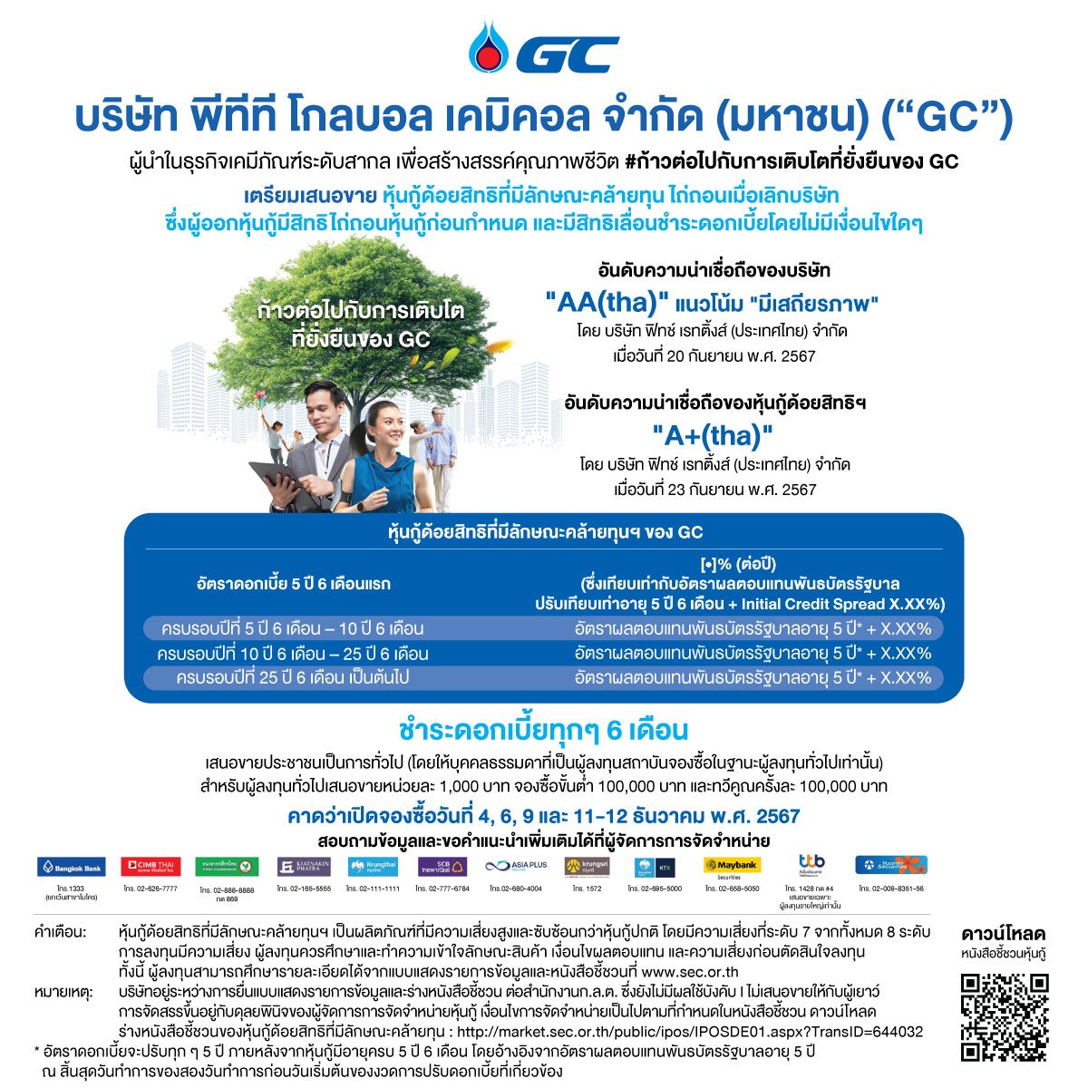 GC ประกาศอัตราดอกเบี้ยหุ้นกู้ด้อยสิทธิที่มีลักษณะคล้ายทุนฯ 5 ปี 6 เดือนแรกที่ 5.25% ต่อปี  เสนอขายต่อประชาชนเป็นการทั่วไป 4 - 12 ธันวาคม 2567 นี้