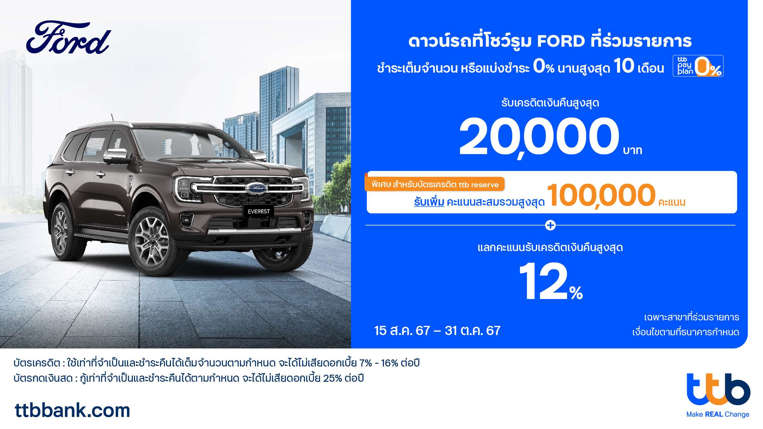 บัตรเครดิตและบัตรกดเงินสด ttb มอบสิทธิ์สุดคุ้ม ดาวน์รถที่โชว์รูม FORD