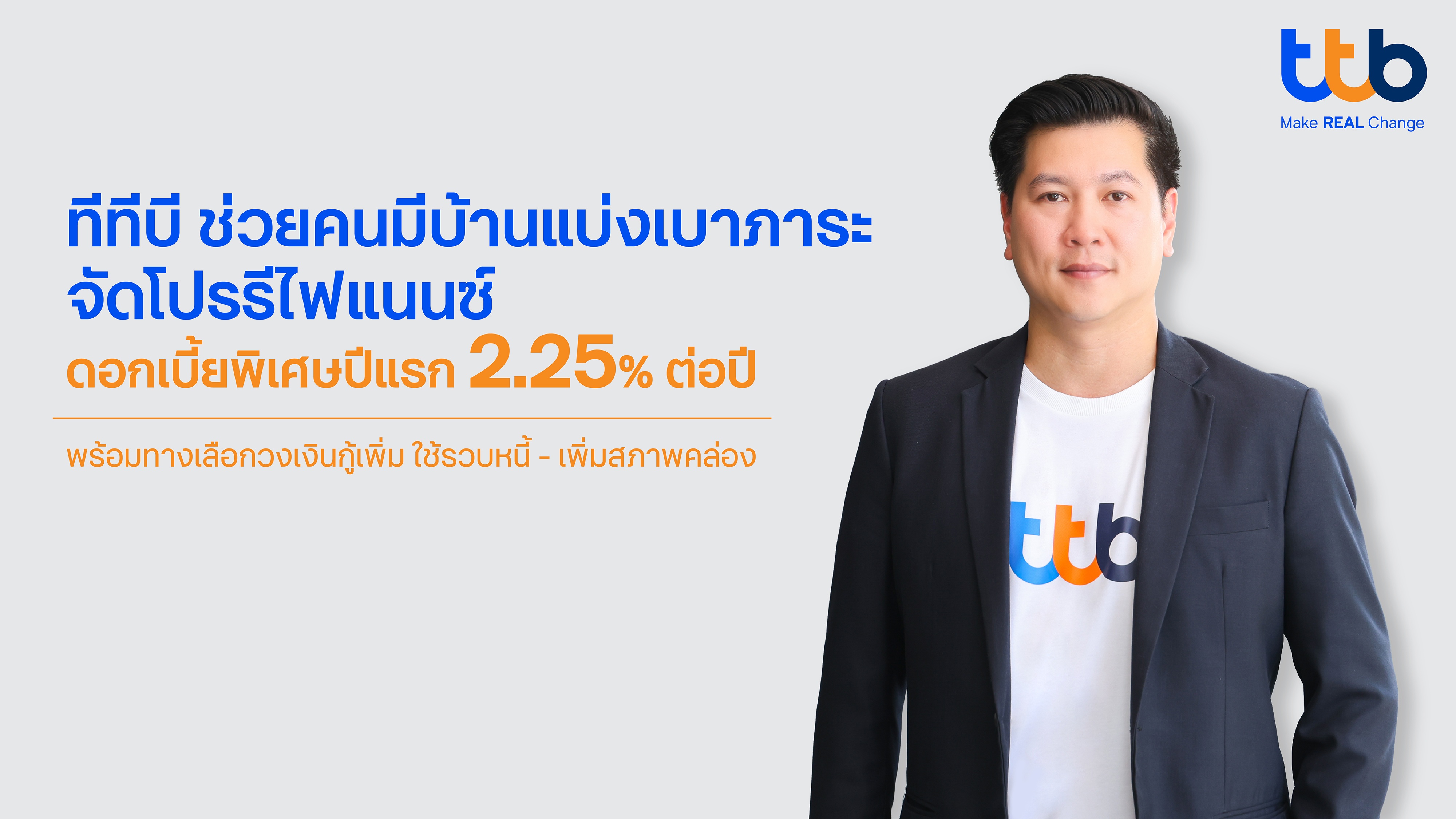 ทีทีบี ช่วยคนมีบ้านแบ่งเบาภาระ จัดโปรพิเศษ รีไฟแนนซ์บ้าน  ดอกเบี้ยต่ำปีแรก 2.25% พร้อมทางเลือกวงเงินกู้เพิ่ม-รวบหนี้เพื่อรับมือเรื่องจำเป็น