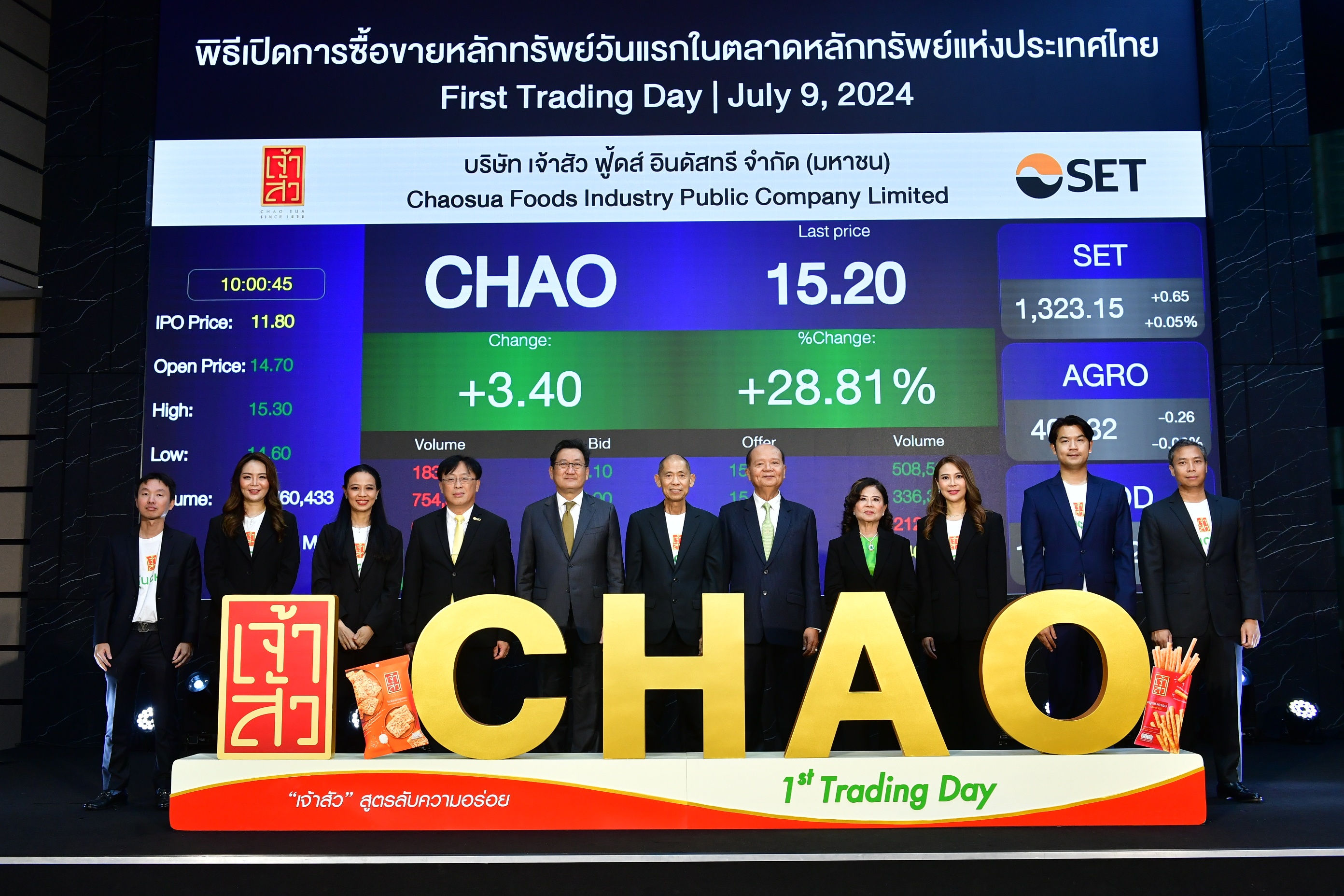 “CHAO” เข้าเทรดวันแรกในตลาดหลักทรัพย์แห่งประเทศไทย ชูศักยภาพผู้นำตลาดขนมขบเคี้ยวไทยรูปแบบใหม่ (Modern Thai Snack) ปักธงพาแบรนด์ไทยเติบโตสู่ตลาดระดับ Global