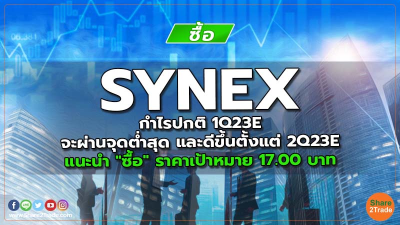 SYNEX กำไรปกติ 1Q23E จะผ่านจุดต่ำสุด และดีขึ้นตั้งแต่ 2Q23E  แนะนำ "ซื้อ" ราคาเป้าหมาย 17.00 บาท