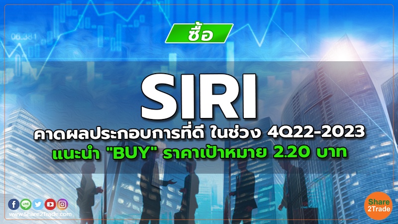 SIRI คาดผลประกอบการที่ดี ในช่วง 4Q22-2023 แนะนำ "BUY" ราคาเป้าหมาย 2.20 บาท