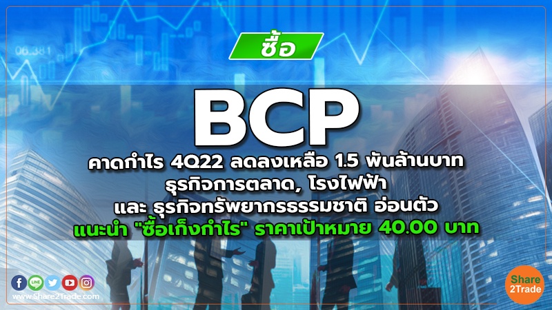 BCP คาดกำไร 4Q22 ลดลงเหลือ 1.5 พันล้านบาท ธุรกิจการตลาด, โรงไฟฟ้า และ ธุรกิจทรัพยากรธรรมชาติ อ่อนตัว  แนะนำ "ซื้อเก็งกำไร" ราคาเป้าหมาย 40.00 บาท