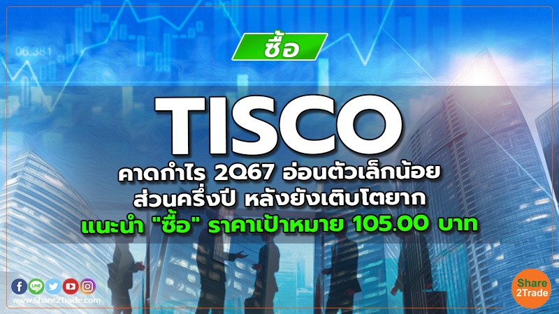TISCO คาดกําไร 2Q67 อ่อนตัวเล็กน้อย ส่วนครึ่งปี หลังยังเติบโตยาก แนะนำ "ซื้อ" ราคาเป้าหมาย 105.00 บาท