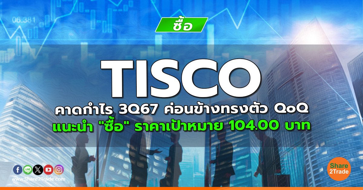 TISCO คาดกําไร 3Q67 ค่อนข้างทรงตัว QoQ แนะนำ "ซื้อ" ราคาเป้าหมาย 104.00 บาท