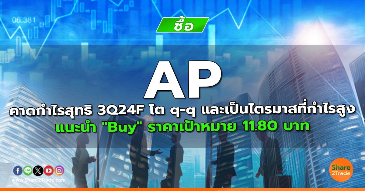 AP คาดกำไรสุทธิ 3Q24F โต q-q และเป็นไตรมาสที่กำไรสูง แนะนำ "Buy" ราคาเป้าหมาย 11.80 บาท