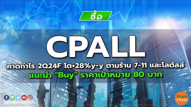 CPALL คาดกำไร 2Q24F โต+28%y-yตามร้าน 7-11 และโลตัสส์ แนะนำ "Buy" ราคาเป้าหมาย 80 บาท