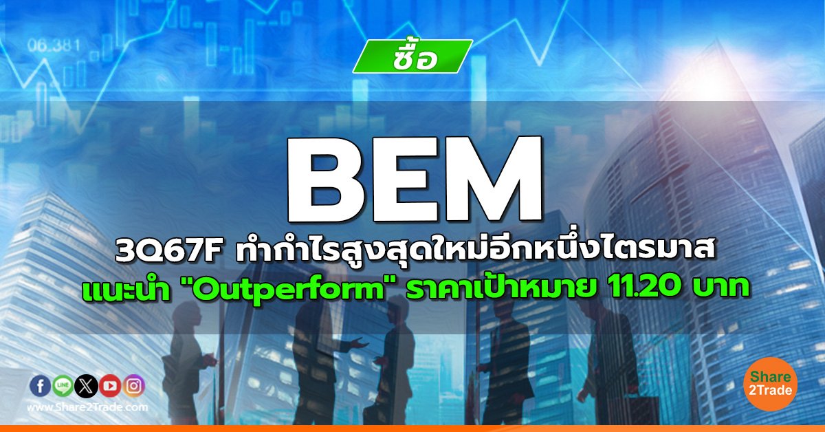 BEM 3Q67F ทำกำไรสูงสุดใหม่อีกหนึ่งไตรมาส แนะนำ "Outperform" ราคาเป้าหมาย 11.20 บาท