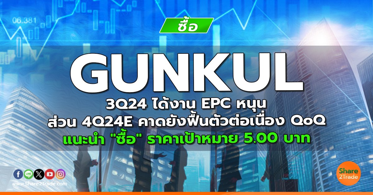 GUNKUL 3Q24 ได้งาน EPC หนุน, ส่วน 4Q24E คาดยังฟื้นตัวต่อเนื่อง QoQ แนะนำ "ซื้อ" ราคาเป้าหมาย 5.00 บาท