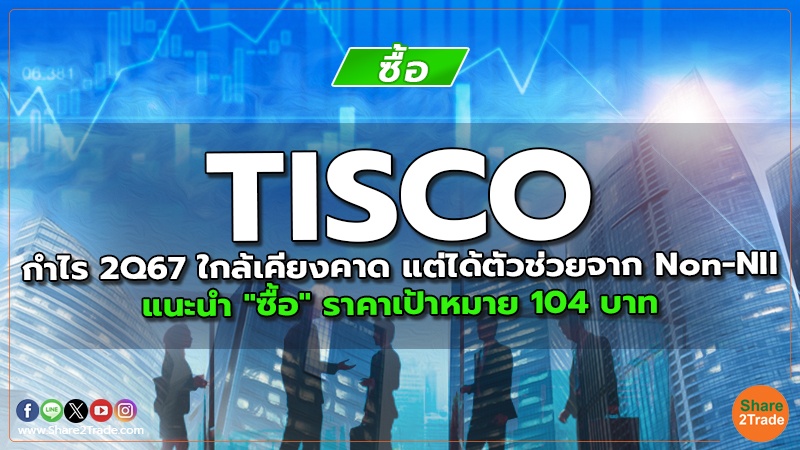 TISCO กำไร 2Q67 ใกล้เคียงคาด แต่ได้ตัวช่วยจาก Non-NII  แนะนำ "ซื้อ" ราคาเป้าหมาย 104 บาท