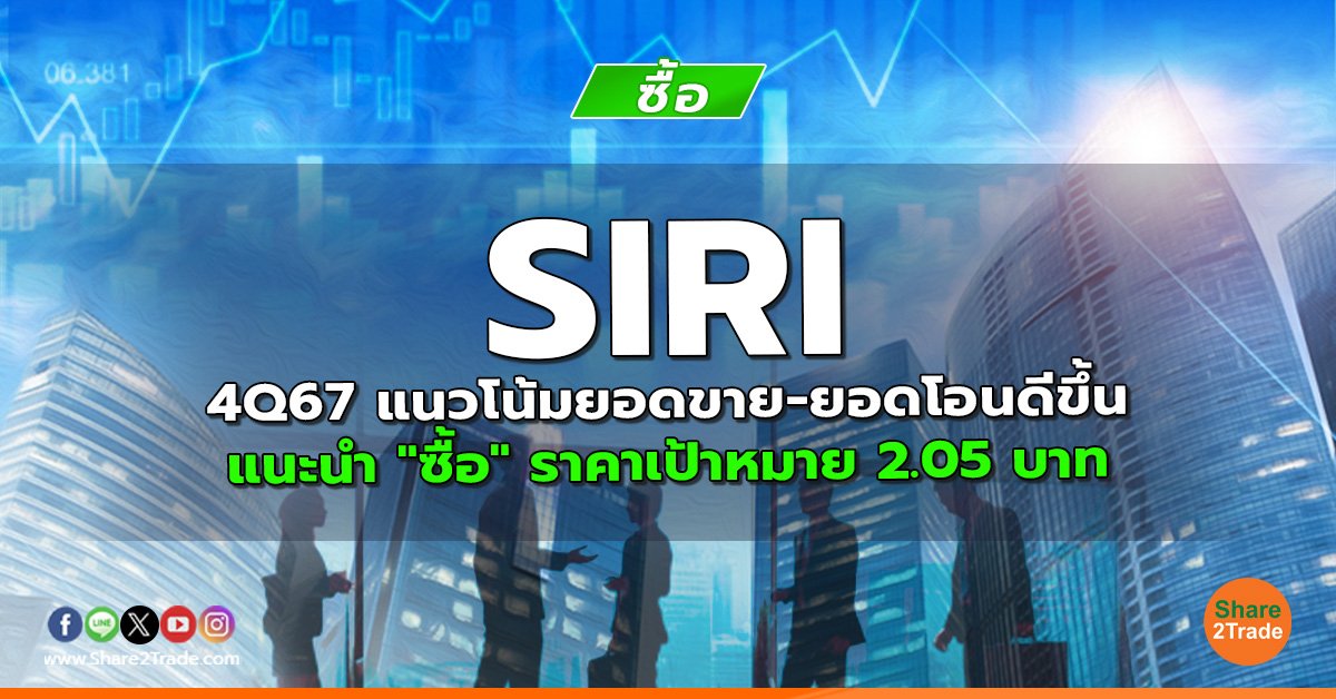 SIRI 4Q67 แนวโน้มยอดขาย-ยอดโอนดีขึ้น แนะนำ "ซื้อ" ราคาเป้าหมาย 2.05 บาท