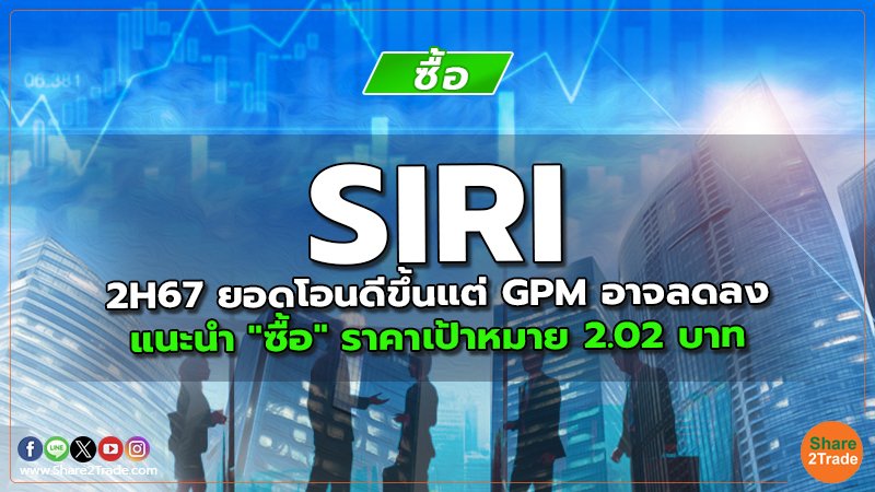 SIRI 2H67 ยอดโอนดีขึ้นแต่ GPM อาจลดลง แนะนำ "ซื้อ" ราคาเป้าหมาย 2.02 บาท