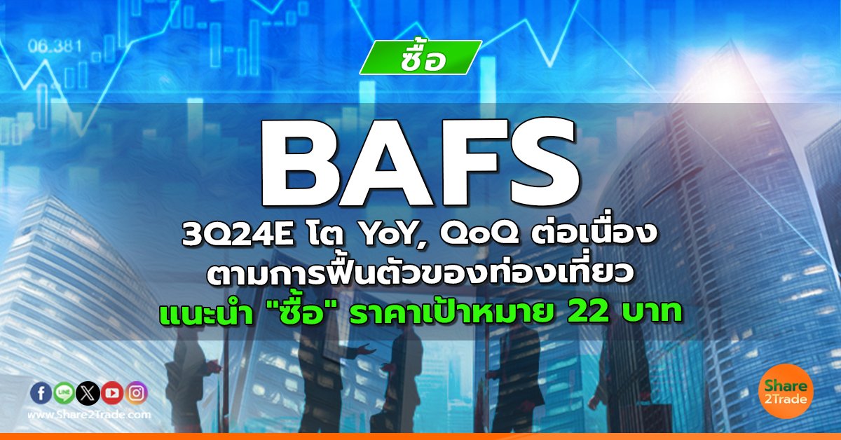 BAFS 3Q24E โต YoY, QoQ ต่อเนื่องตามการฟื้นตัวของท่องเที่ยว แนะนำ "ซื้อ" ราคาเป้าหมาย 22 บาท