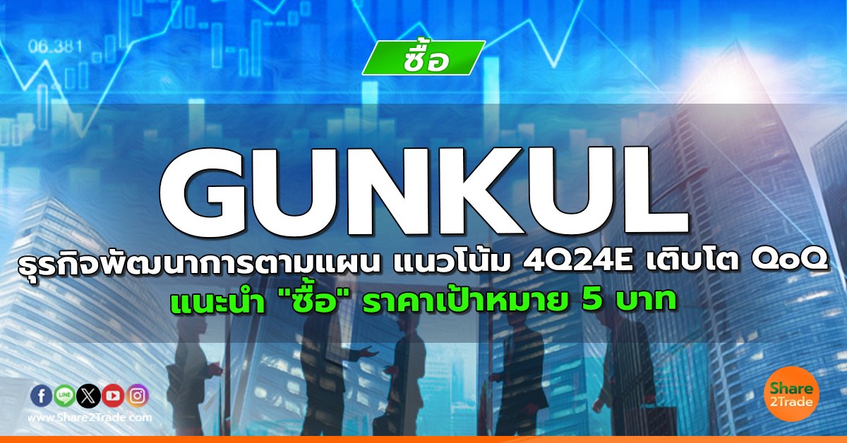 GUNKUL ธุรกิจพัฒนาการตามแผน แนวโน้ม 4Q24E เติบโต QoQ แนะนำ "ซื้อ" ราคาเป้าหมาย 5 บาท