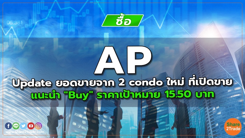 AP Update ยอดขายจาก 2 condo ใหม่ ที่เปิดขาย แนะนำ "Buy" ราคาเป้าหมาย 15.50 บาท