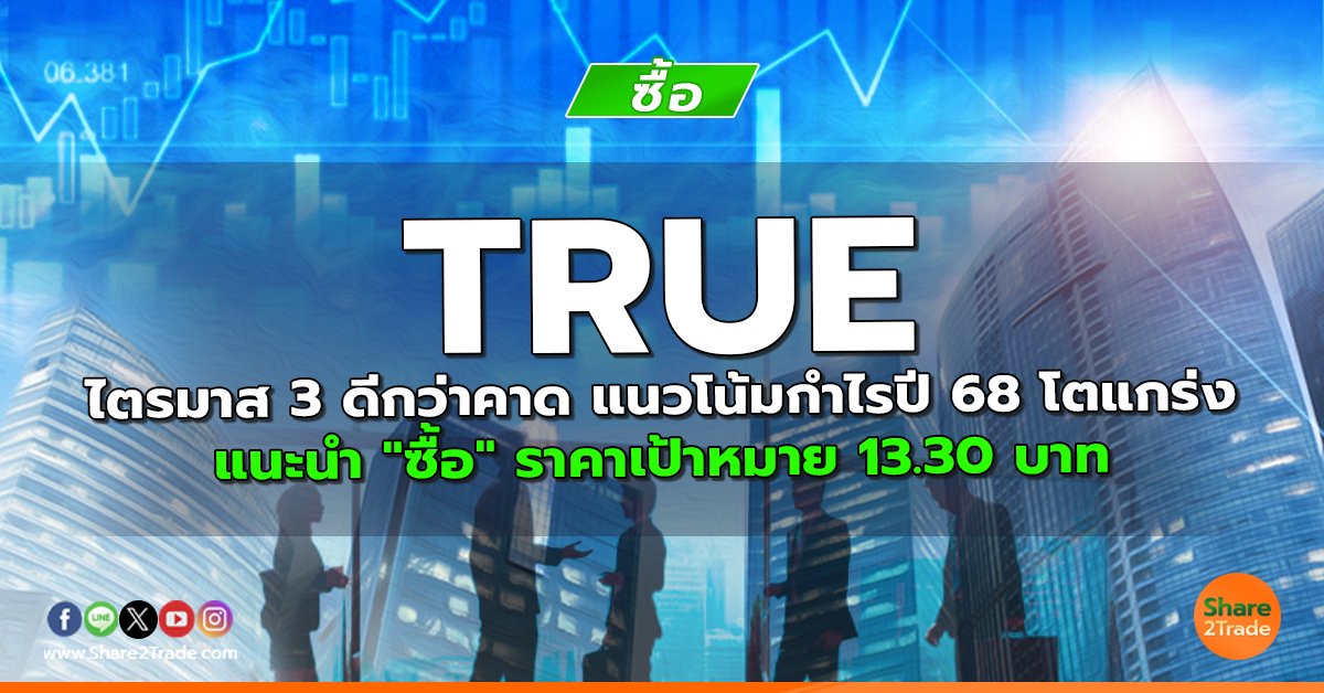 TRUE ไตรมาส 3 ดีกว่าคาด แนวโน้มกำไรปี 68 โตแกร่ง แนะนำ "ซื้อ" ราคาเป้าหมาย 13.30 บาท