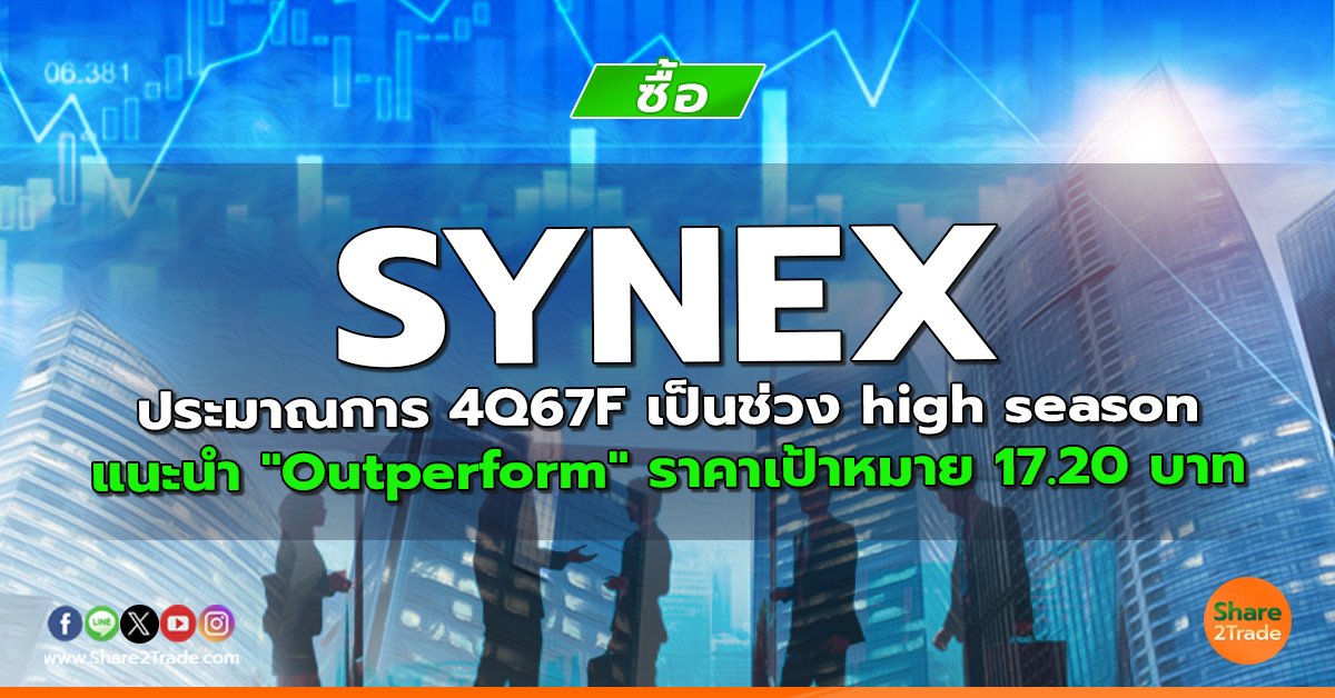 SYNEX ประมาณการ 4Q67F เป็นช่วง high season แนะนำ "Outperform" ราคาเป้าหมาย 17.20 บาท