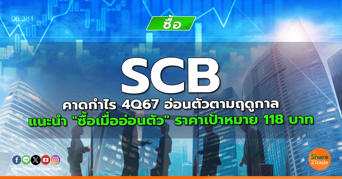 SCB คาดกำไร 4Q67 อ่อนตัวตามฤดูกาล แนะนำ "ซื้อเมื่ออ่อนตัว" ราคาเป้าหมาย 118 บาท