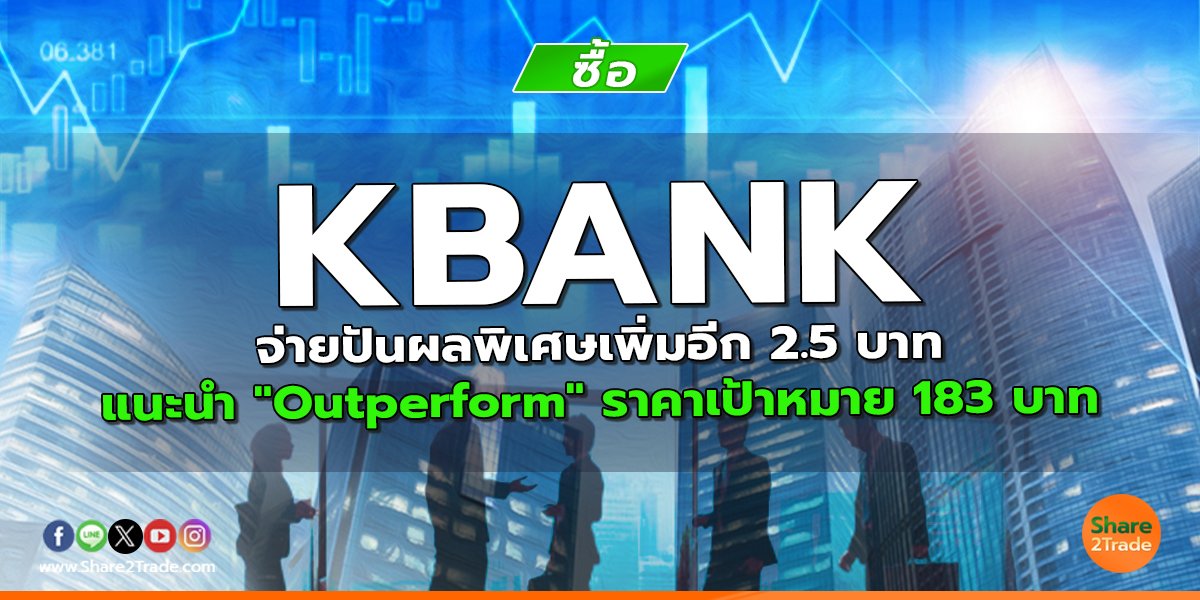 KBANK จ่ายปันผลพิเศษเพิ่มอีก 2.5 บาท  แนะนำ "Outperform" ราคาเป้าหมาย 183 บาท