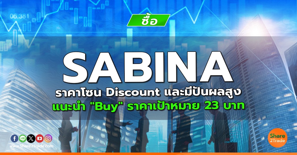 SABINA ราคาโซน Discount และมีปันผลสูง  แนะนำ "Buy" ราคาเป้าหมาย 23 บาท